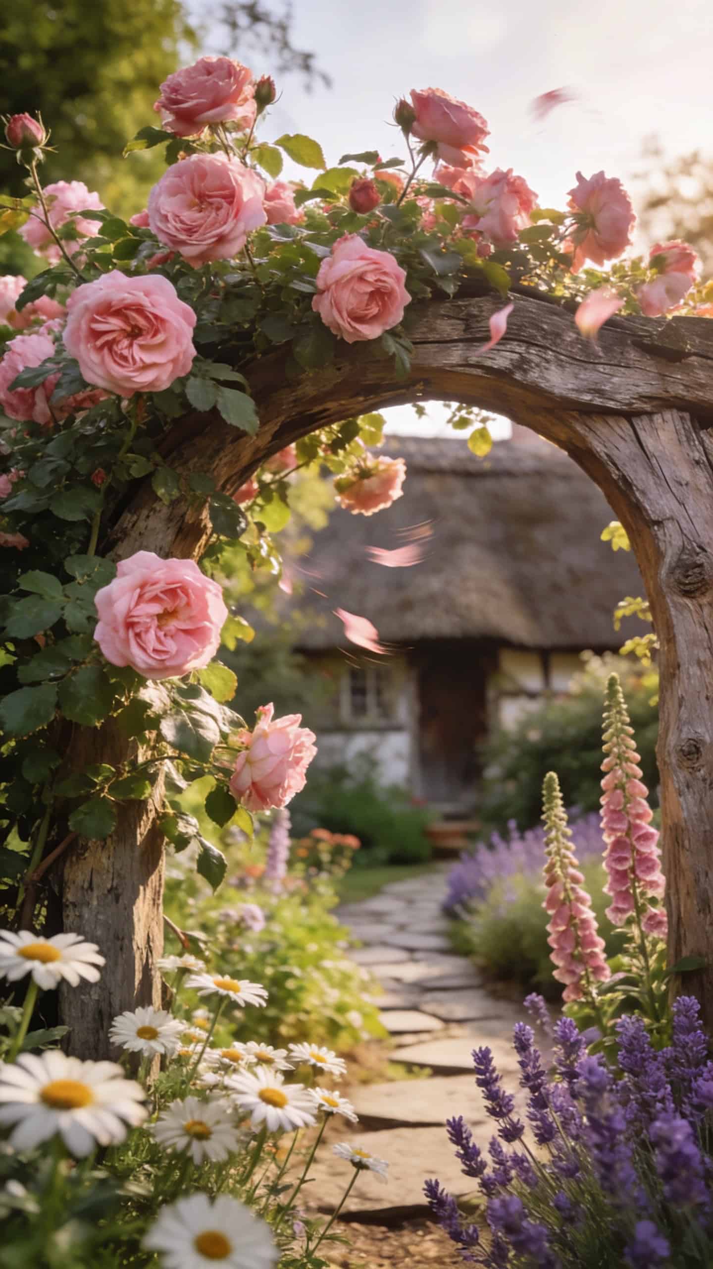 Gertrude Jekyll climbing rose growing over rustic wooden arch in traditional English cottage garden