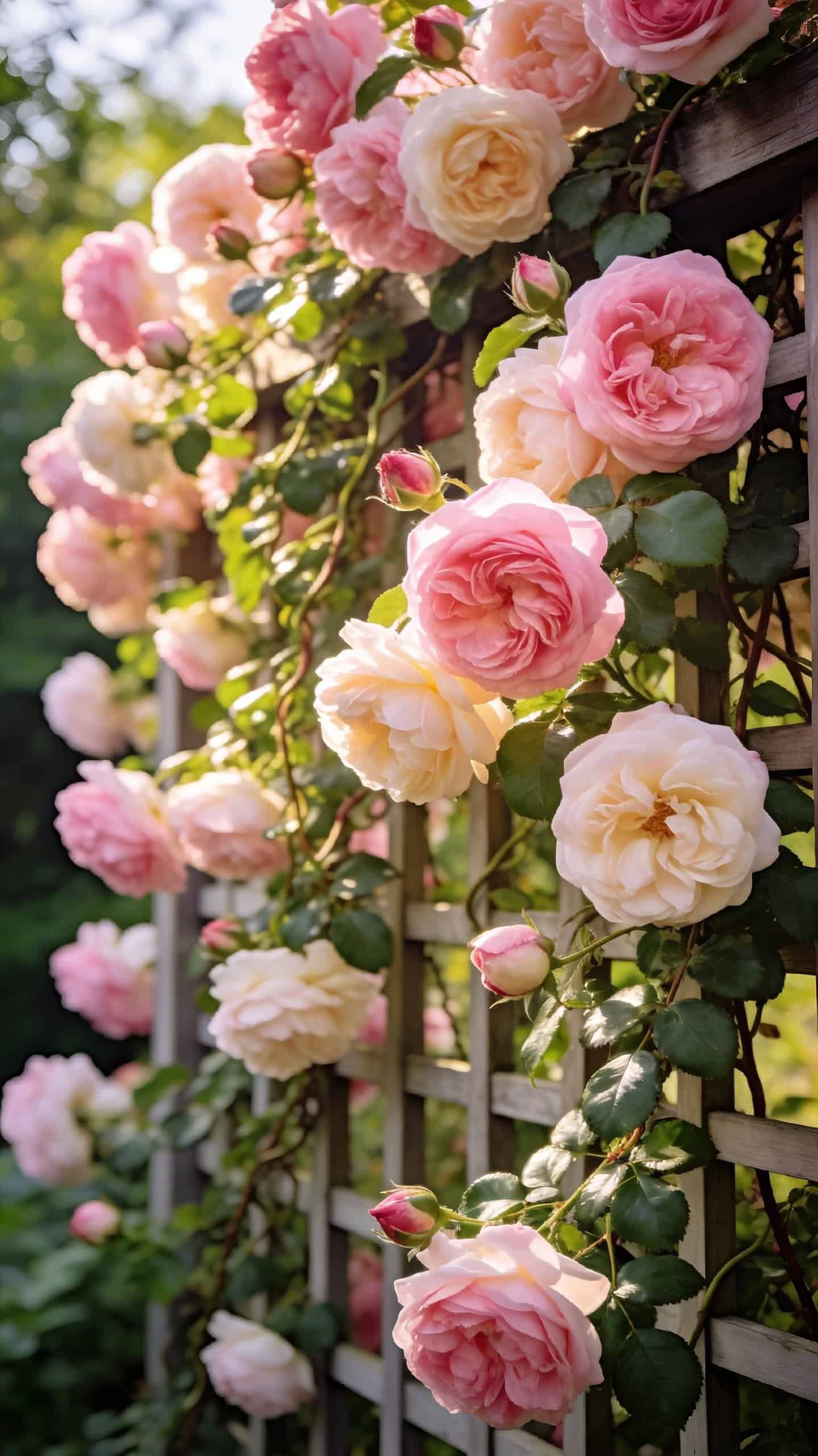 Eden climbing rose with large romantic pink and cream blooms covering cottage garden trellis
