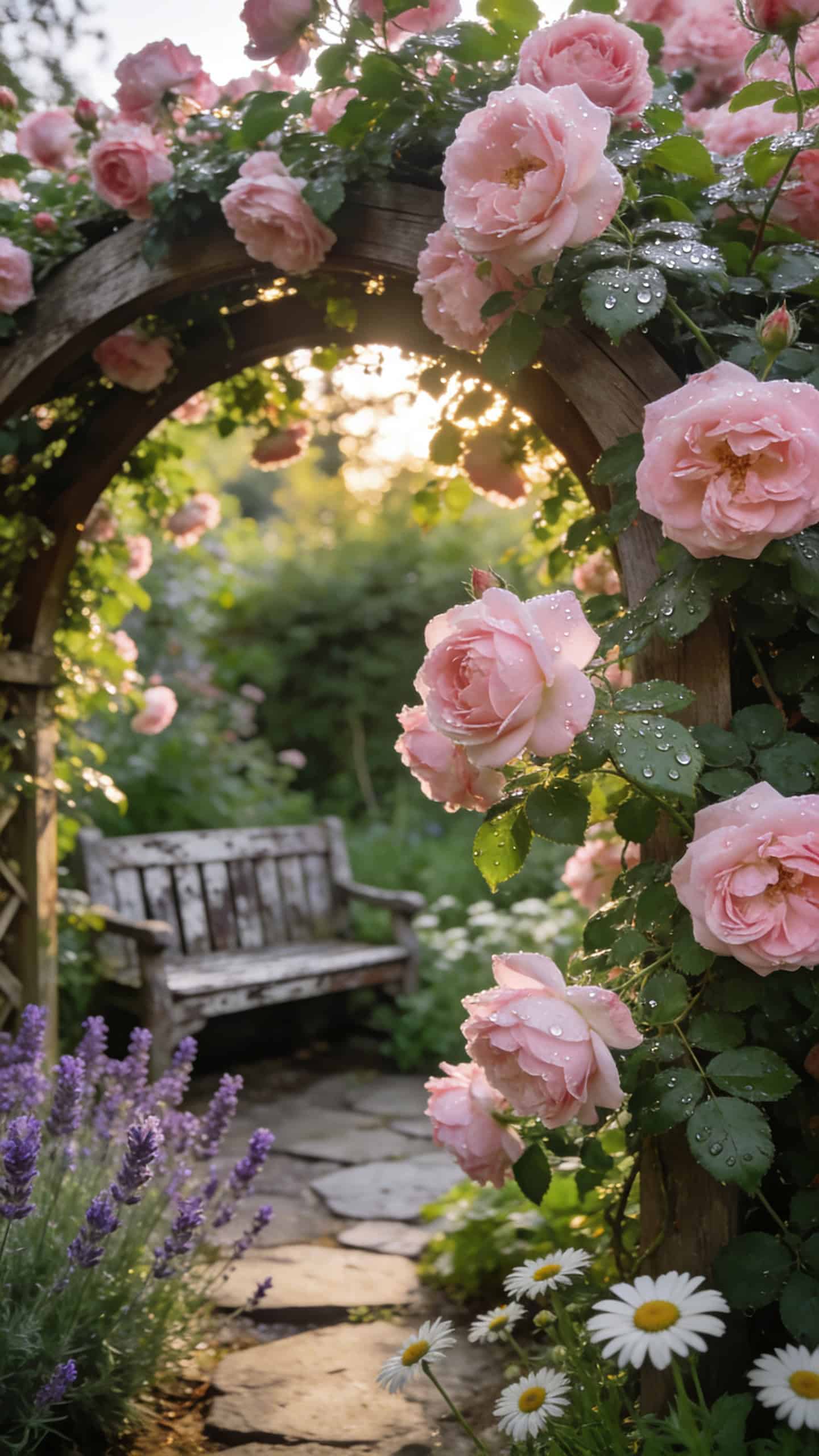 New Dawn climbing rose covered archway in English cottage garden with soft pink blooms and lush greenery