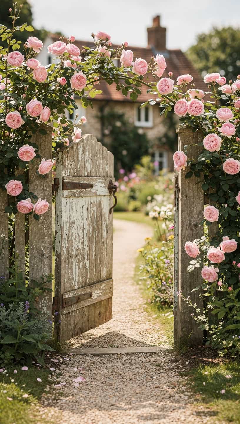 Weathered wooden cottage garden gate with pink climbing roses and gravel pathway