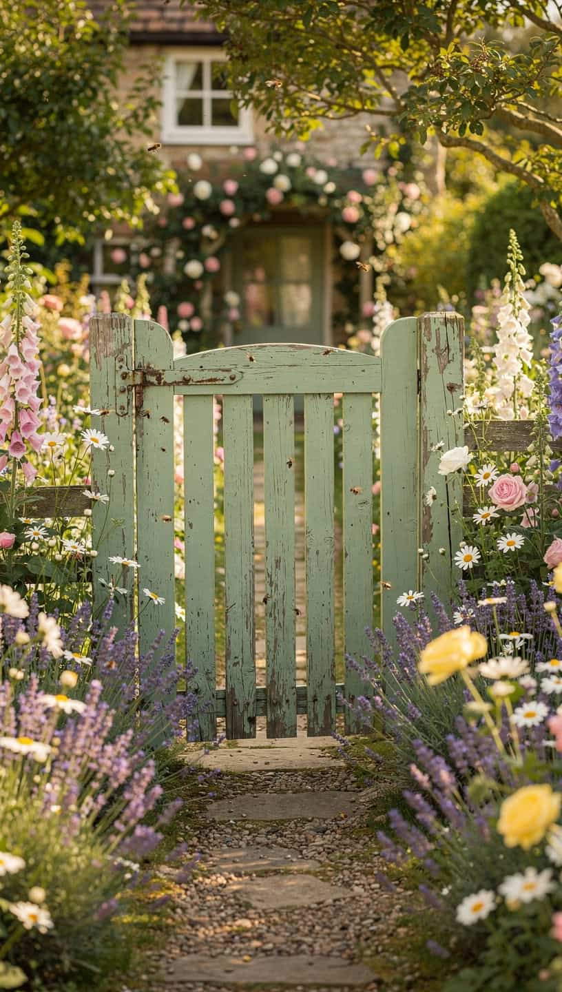 Sage green painted cottage garden gate with lavender borders and cottage flowers
