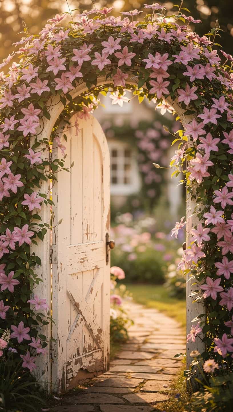 Arched cottage garden gate covered in pink clematis creating romantic entrance