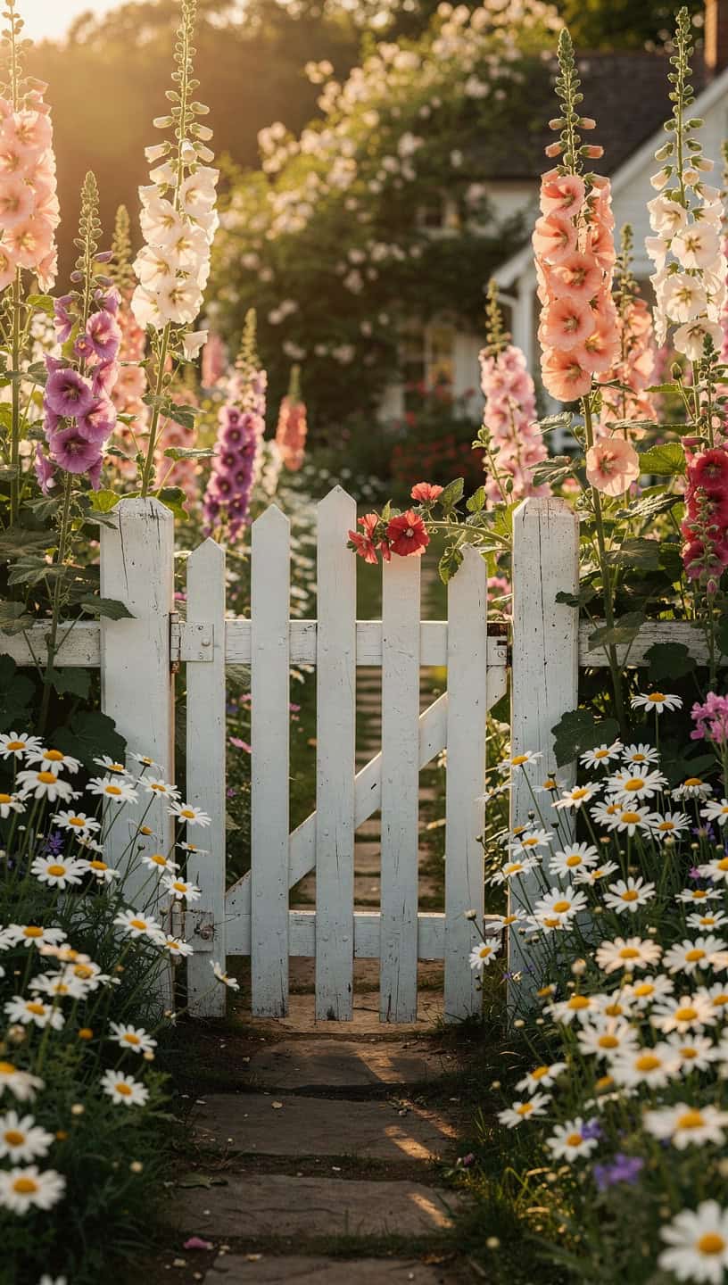 White picket cottage garden gate surrounded by foxgloves, daisies and hollyhocks