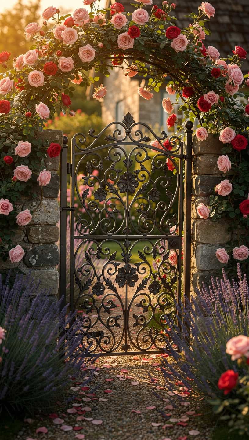 Decorative wrought iron cottage garden gate with climbing roses and lavender