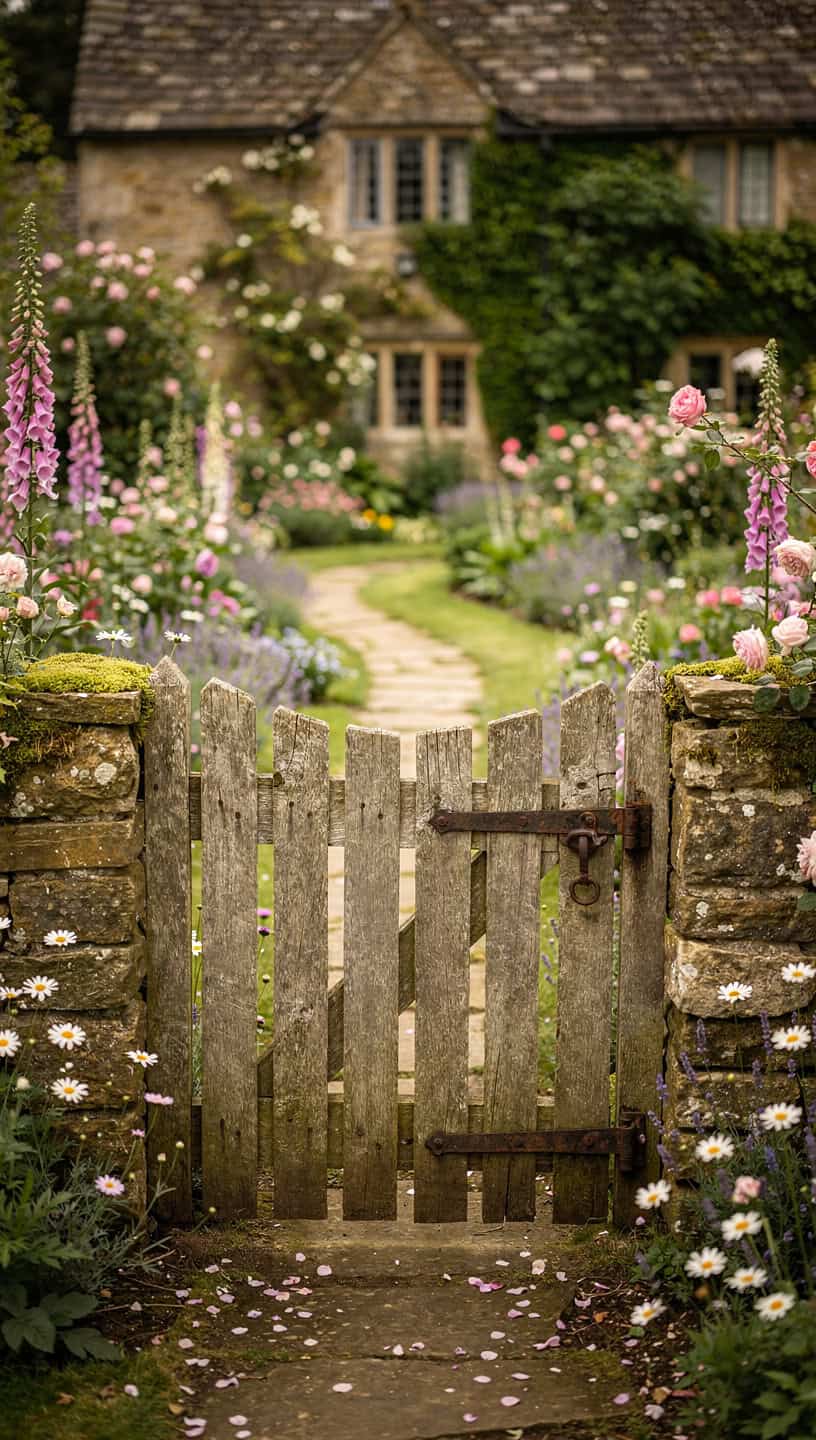 Traditional wooden half gate leading into charming English cottage garden