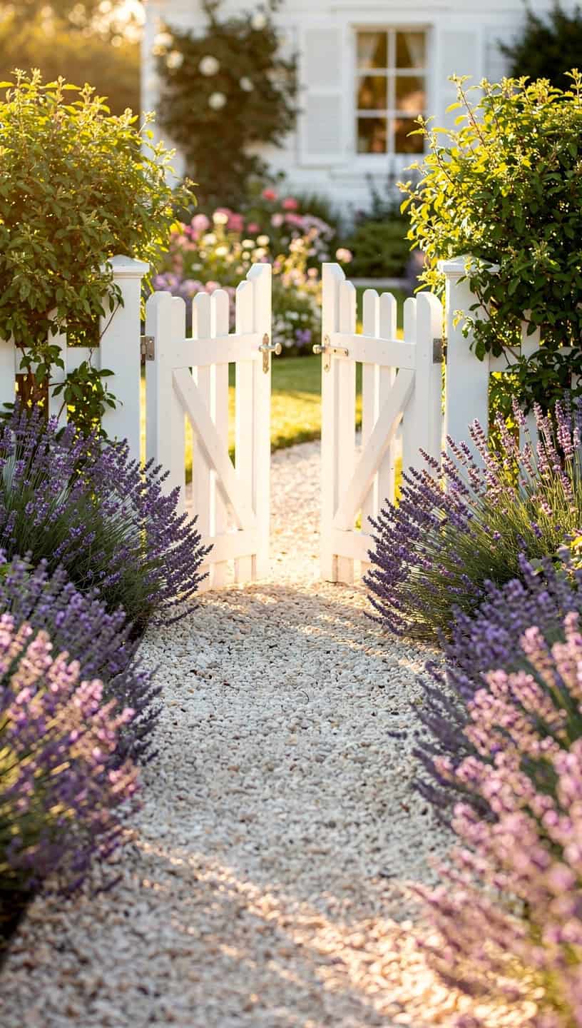 White cottage garden gate framed by fragrant lavender and gravel pathways