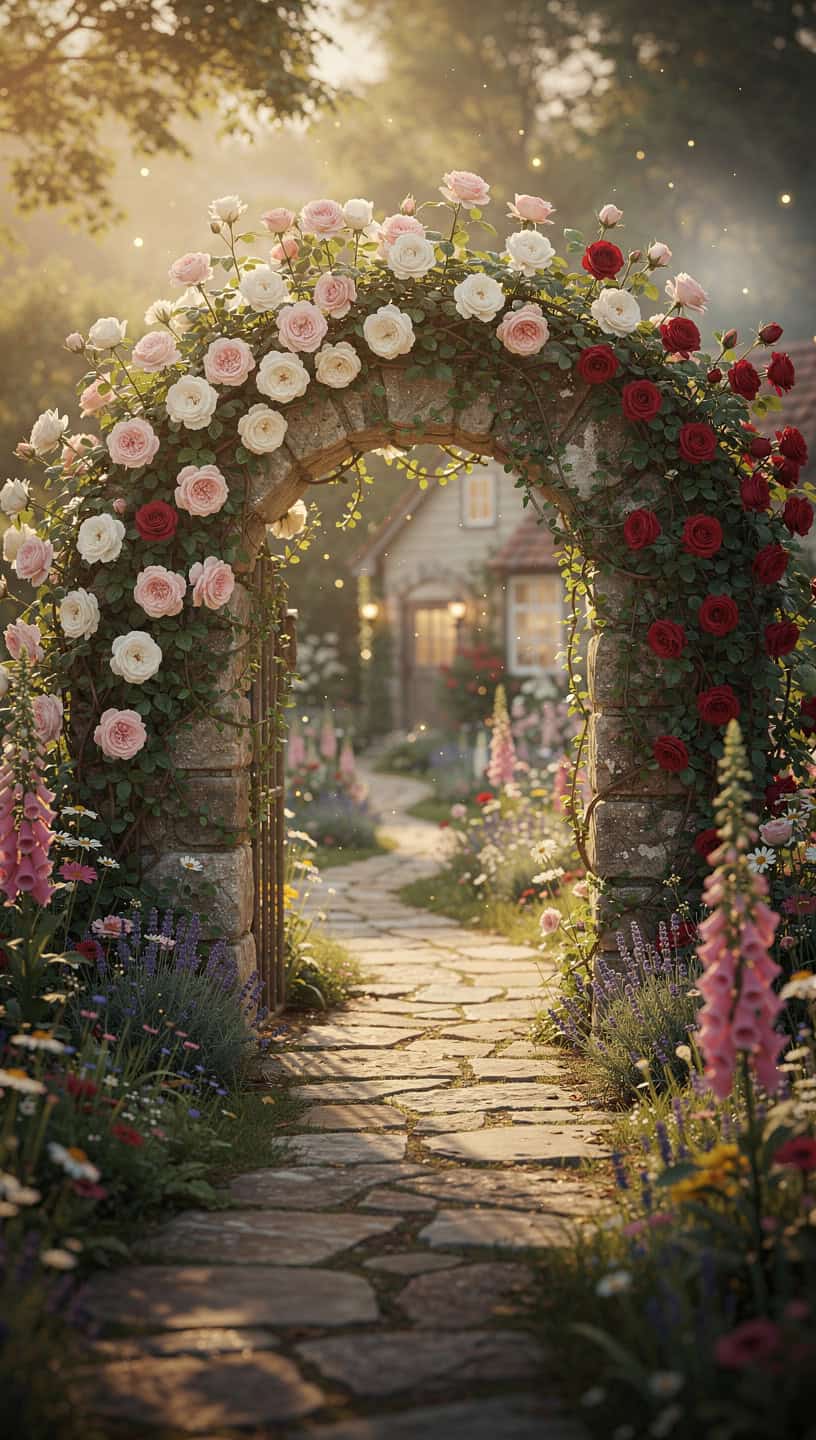 Circular moon gate covered in climbing roses creating a magical cottage garden entrance