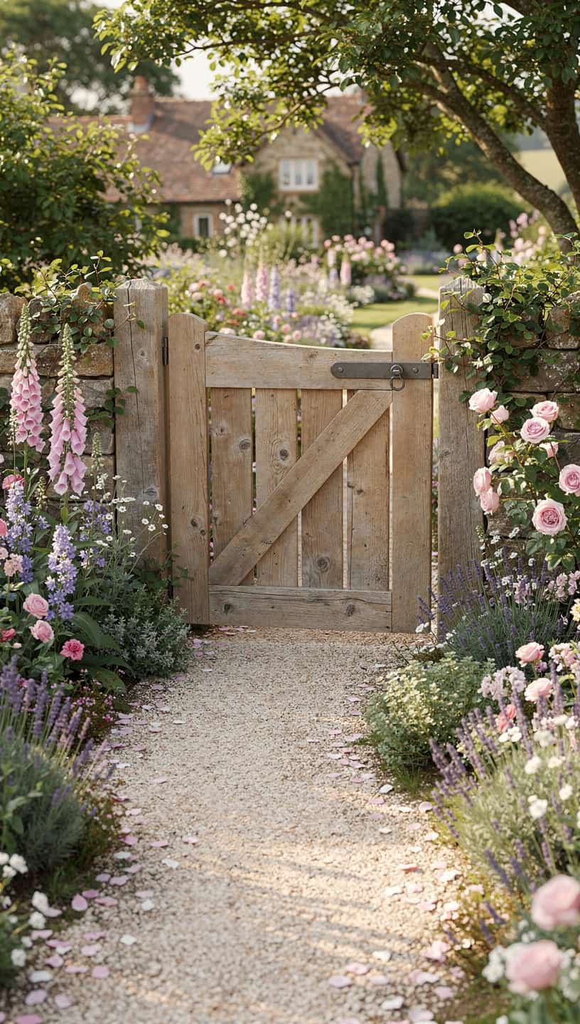 Natural timber cottage garden gate beside winding gravel path and flower borders