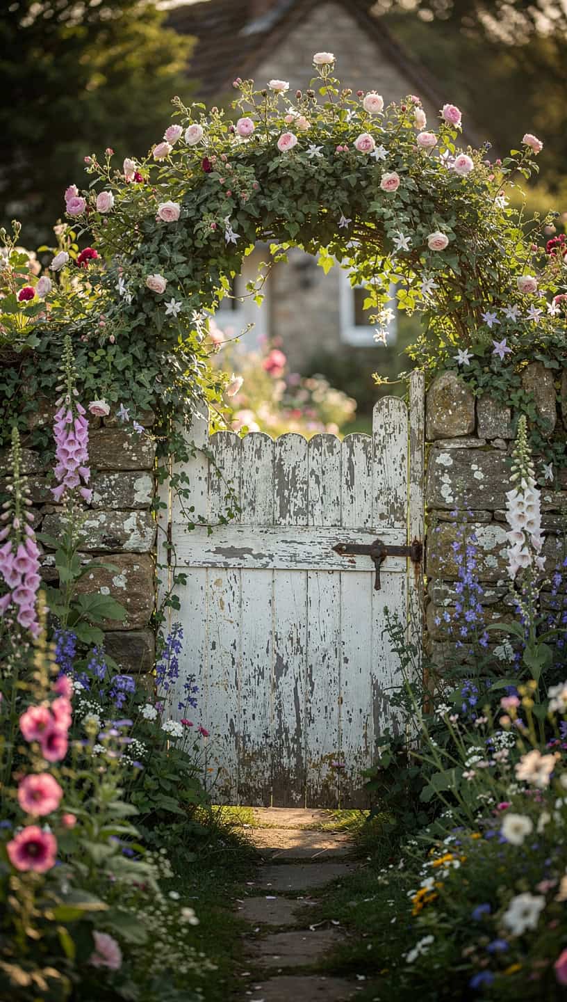 Hidden cottage garden gate surrounded by dense flower borders and climbing plants