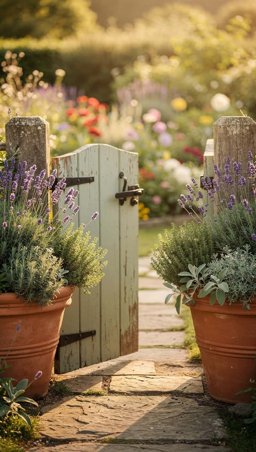 Cottage garden gate flanked by terracotta pots filled with lavender and herbs