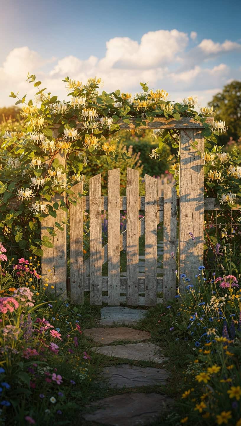 Rustic cottage garden gate covered in fragrant honeysuckle flowers