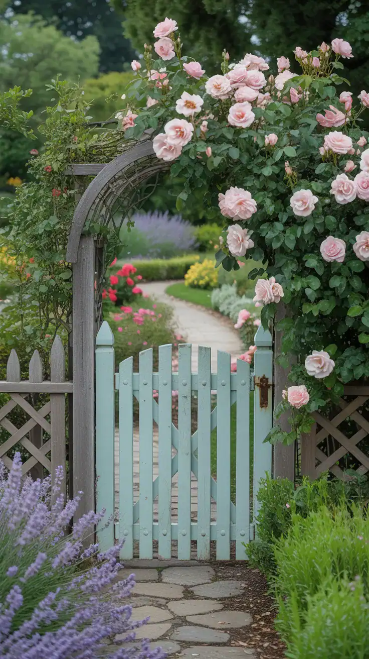 Storybook cottage garden gate framed by pink roses, lavender and winding garden path