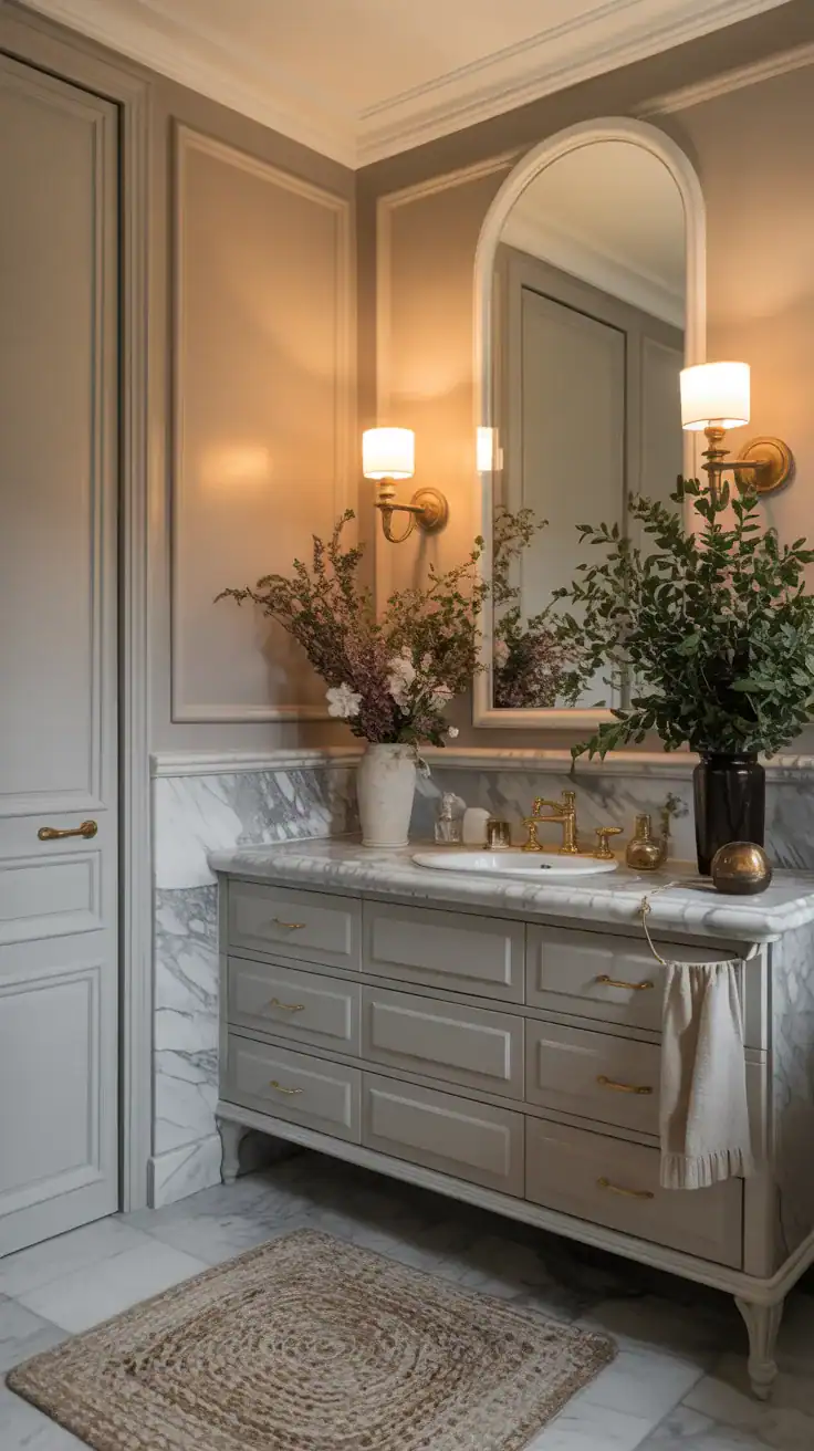 French bathroom interior with warm marble surfaces, soft neutral walls, brass fixtures, and elegant layered lighting