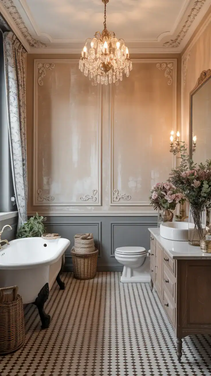French bathroom with decorative wall molding, warm neutral tones, and classic Parisian inspired styling