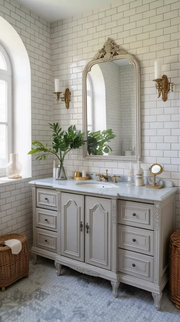 French bathroom with furniture style vanity, marble countertop, brass fixtures, and vintage inspired decor