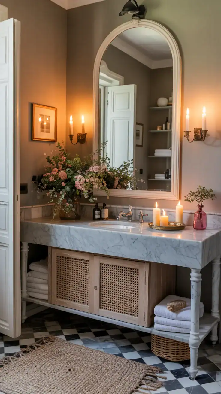 Balanced French bathroom interior with uncluttered marble vanity, candles, soft lighting, and neutral decor