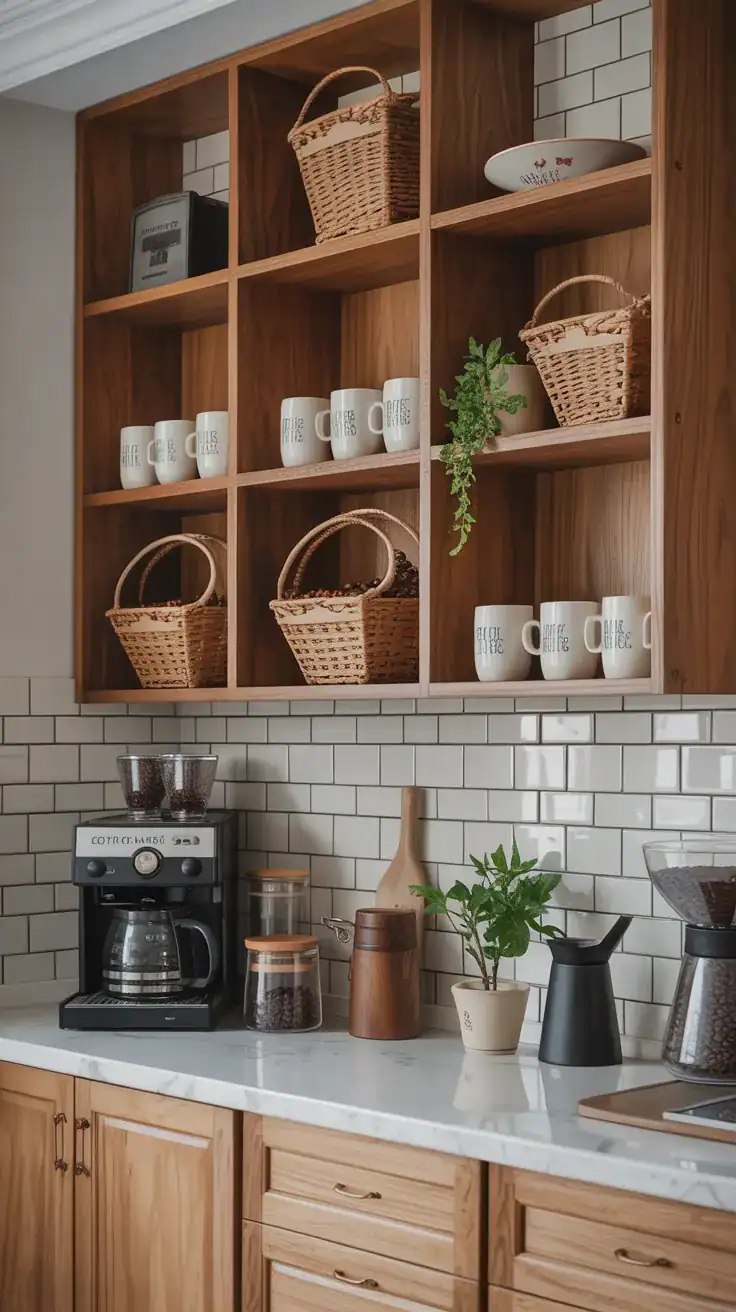Warm oak coffee wall cabinets with open shelving displaying mugs, coffee beans, and decorative accessories