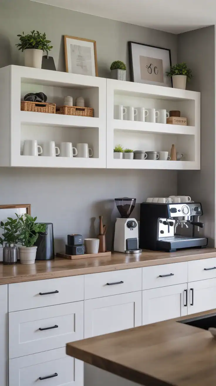Floating white coffee bar wall cabinets above a modern coffee station with organized mugs, espresso machine, wood countertop, and minimalist decor