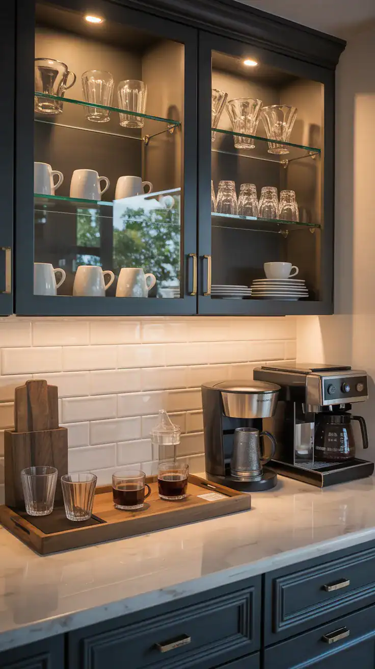 Coffee bar with glass front wall cabinets displaying matching coffee mugs, glassware, espresso cups, and elegant coffee accessories