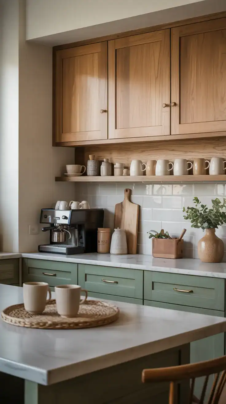 Warm oak wall cabinets above a cozy coffee bar with neutral decor, ceramic mugs, coffee machine, and natural wood finishes