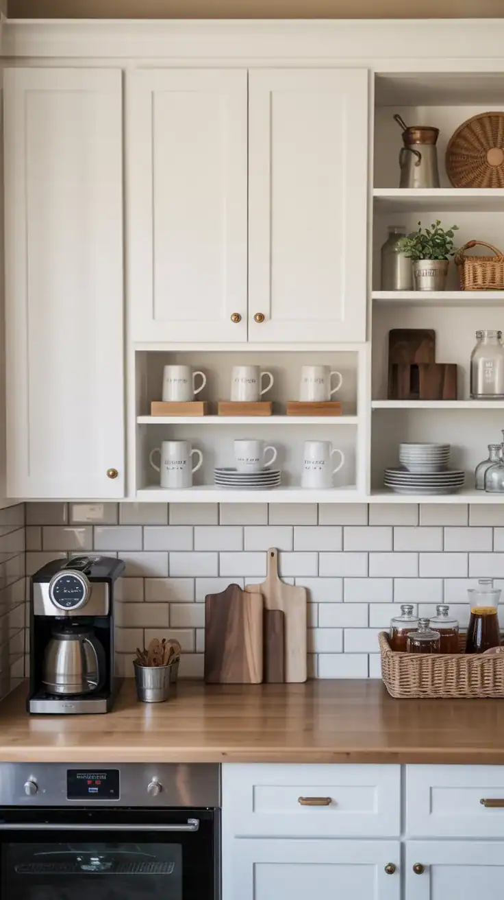 Shaker style coffee bar wall cabinets with brass hardware, built in storage, coffee mugs, and classic farmhouse styling