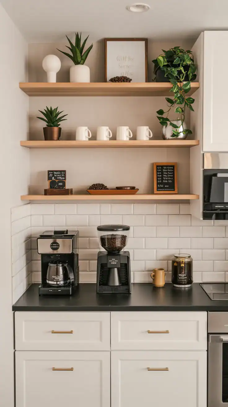 Coffee bar wall cabinets with open shelving displaying coffee mugs, plants, coffee beans, and decorative accessories