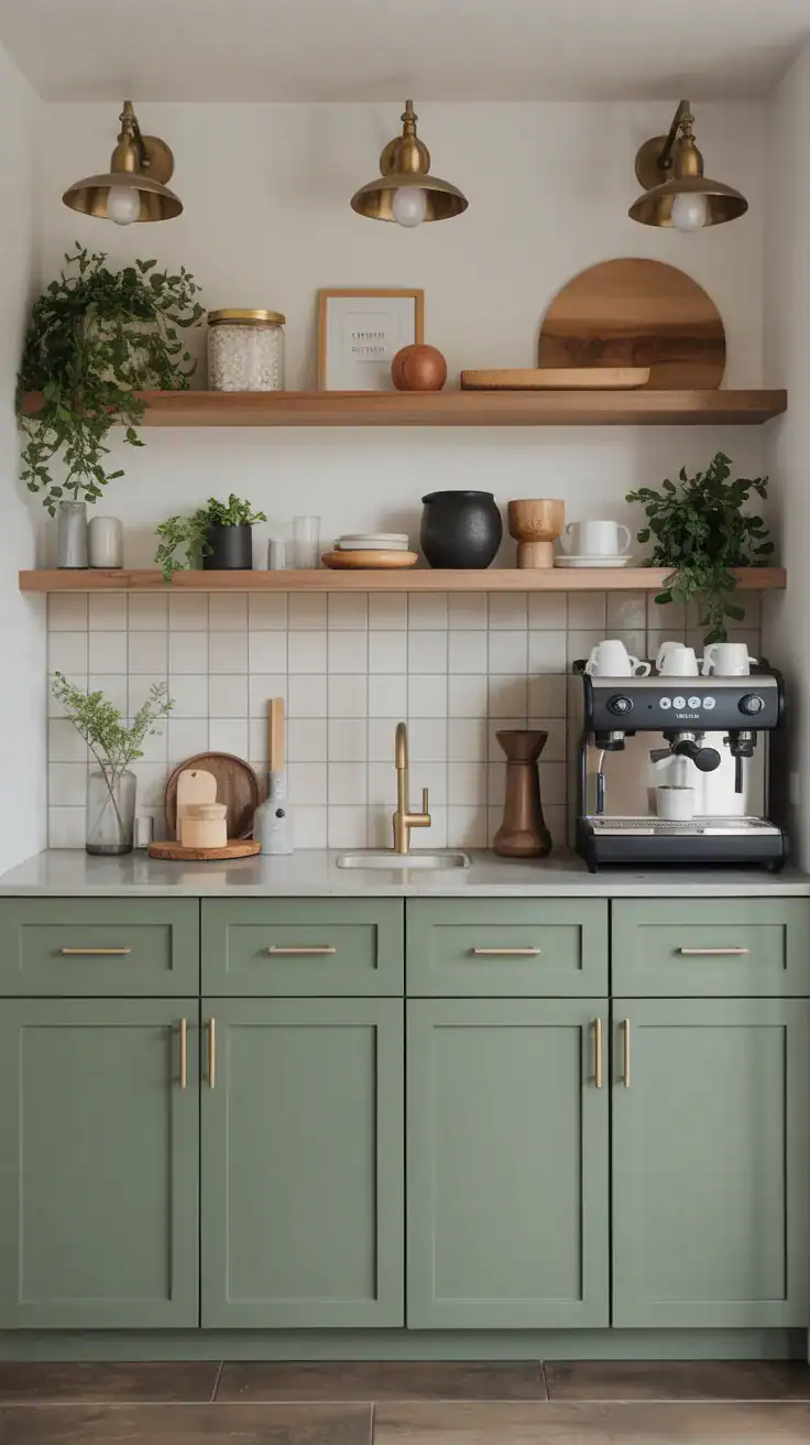 Sage green coffee bar wall cabinets paired with wood shelving, brass fixtures, coffee station accessories, and neutral styling