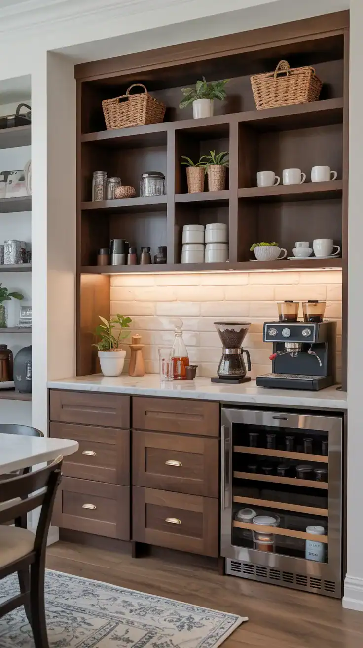 Built in coffee bar cabinet system extending to the ceiling with hidden storage, coffee station, and organized shelving
