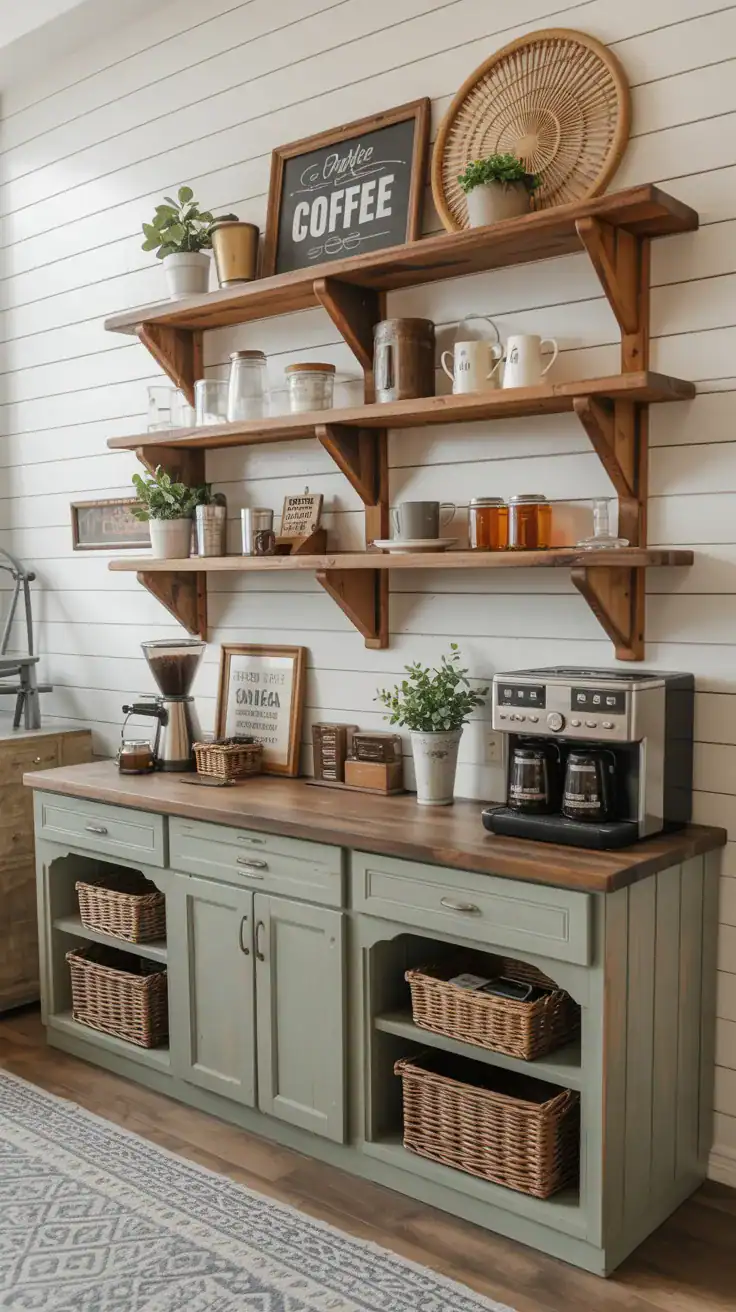 Farmhouse coffee bar with rustic wall cabinets, reclaimed wood shelves, vintage coffee decor, and woven baskets