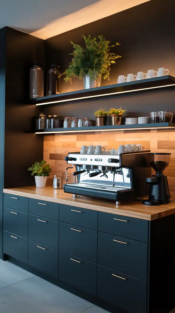Modern coffee bar with matte black wall cabinets, wood countertop, espresso machine, and warm ambient lighting