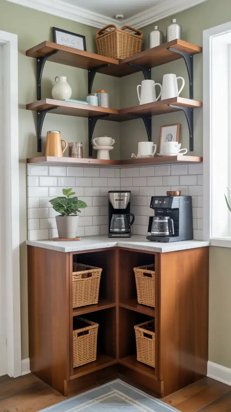 Compact coffee bar corner cabinet maximizing storage in a small kitchen nook with coffee accessories and shelving