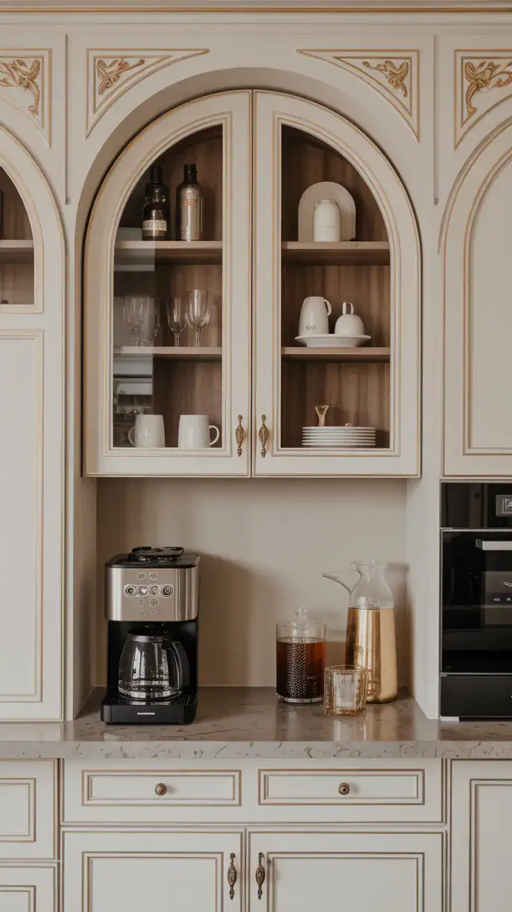Elegant arched coffee bar wall cabinets with decorative styling, hidden storage, brass hardware, and coffee station below