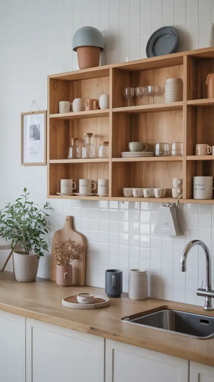 Scandinavian coffee bar with pale wood wall cabinets, minimalist styling, ceramic mugs, and clean modern design