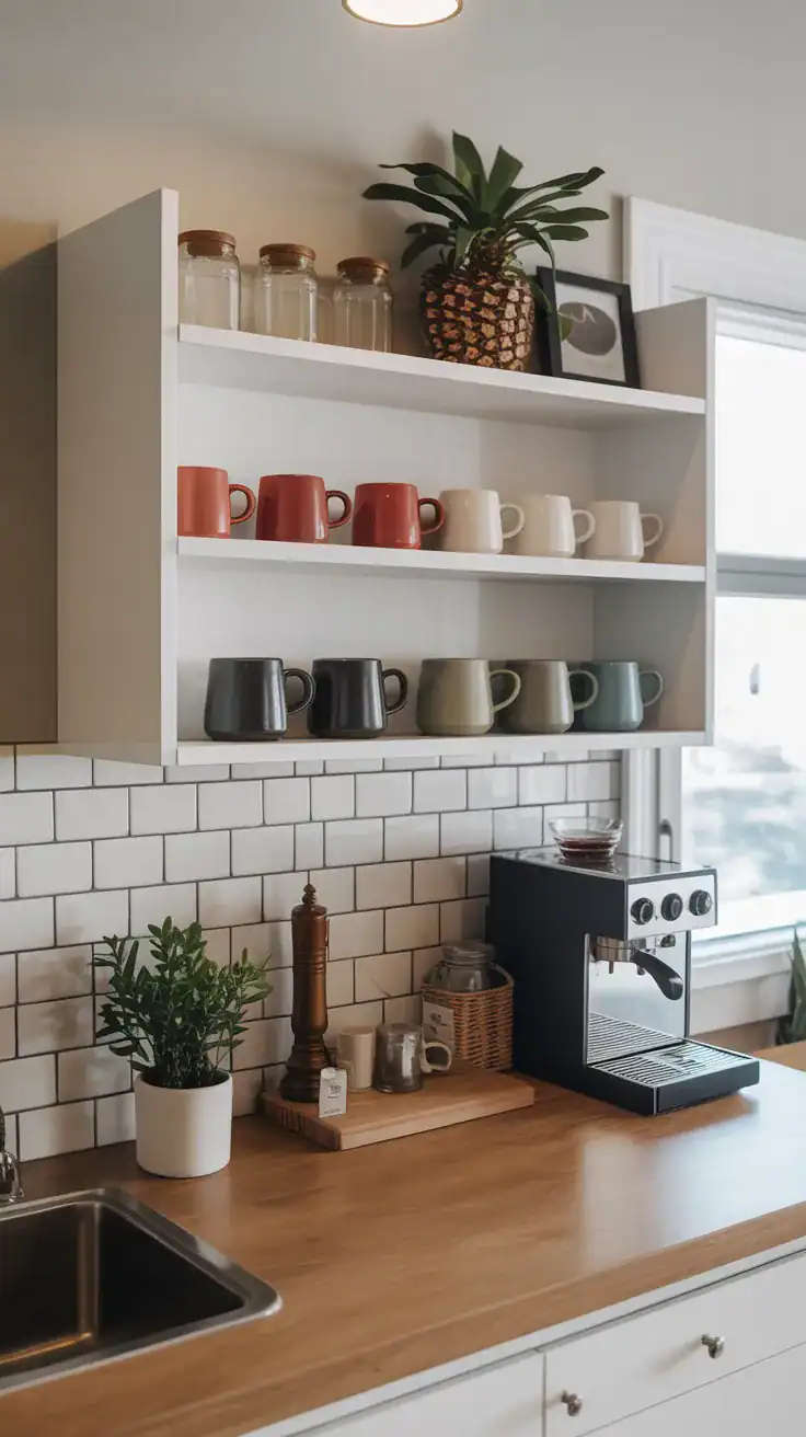 Floating white coffee bar cabinet above modern espresso station with organized mugs