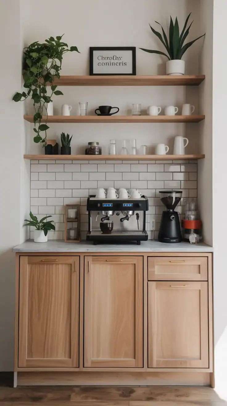 White oak coffee bar cabinetry with integrated shelving displaying coffee accessories and plants