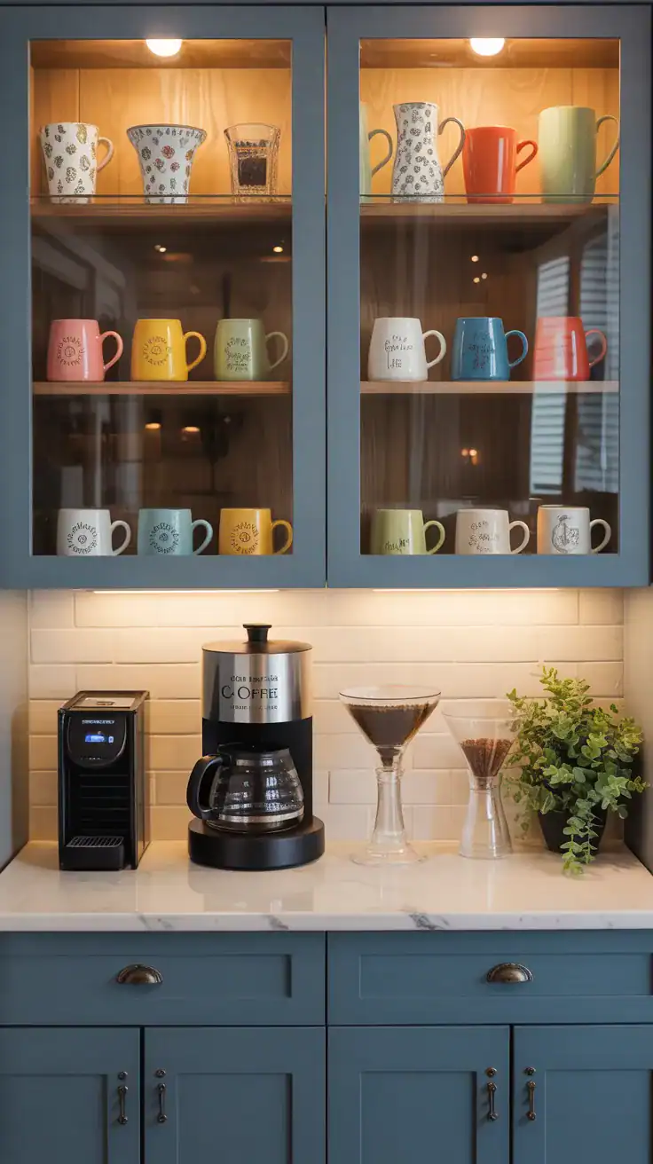 Coffee bar with glass front cabinets displaying colorful mugs and decorative coffee accessories