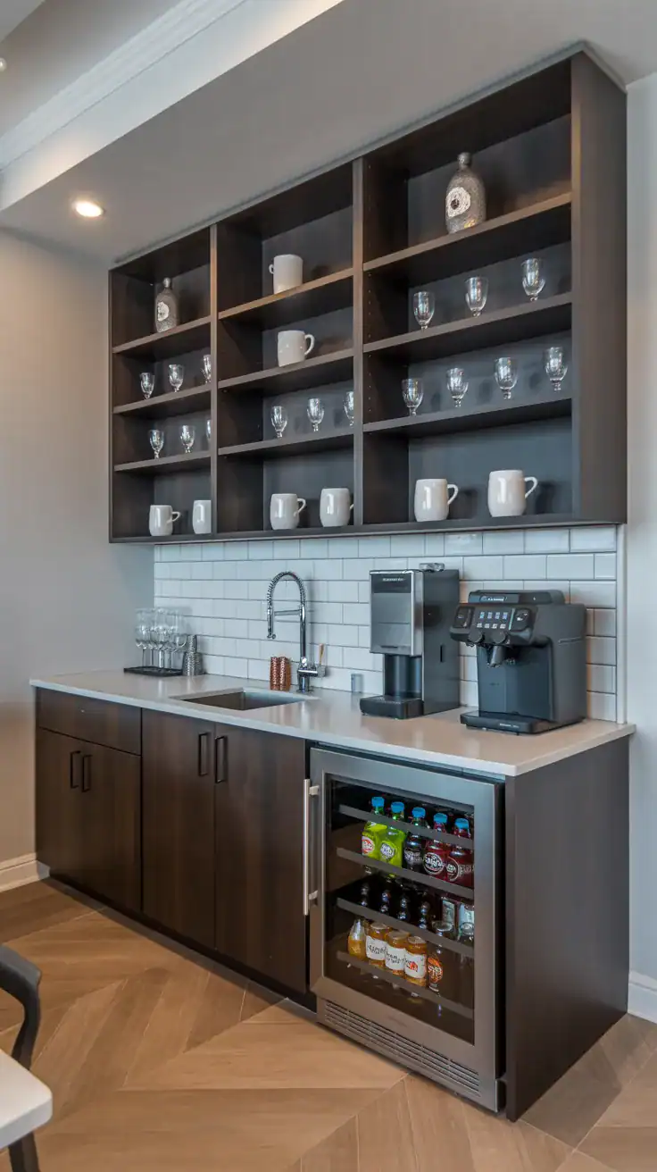 Built in coffee bar cabinetry with floor to ceiling storage and integrated beverage station