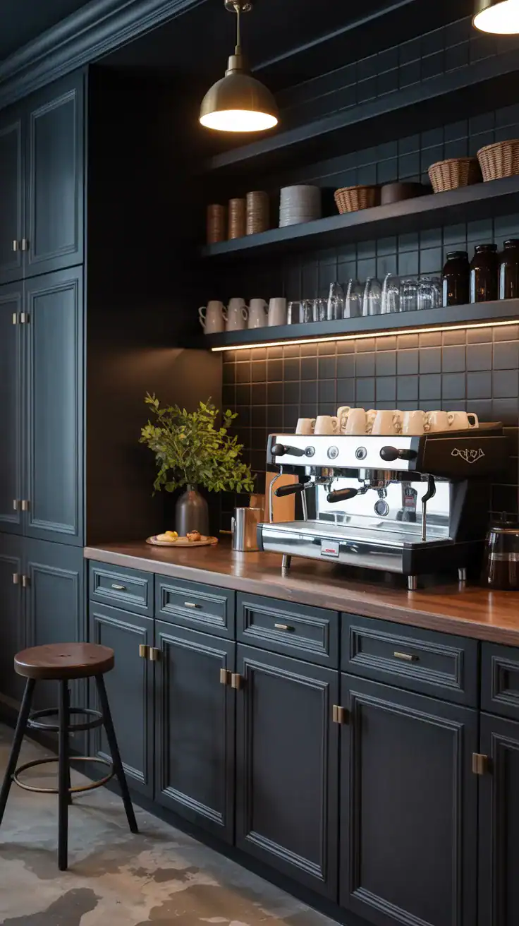 Dark charcoal coffee bar cabinets with brass hardware espresso machine and moody atmosphere