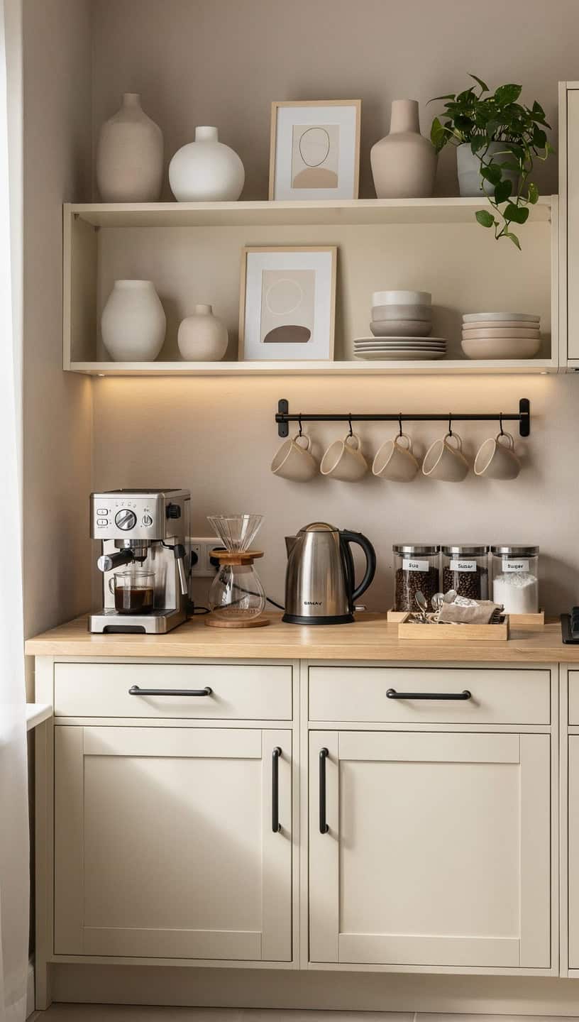 Shaker style coffee bar cabinets in cream finish with organized coffee accessories and neutral decor