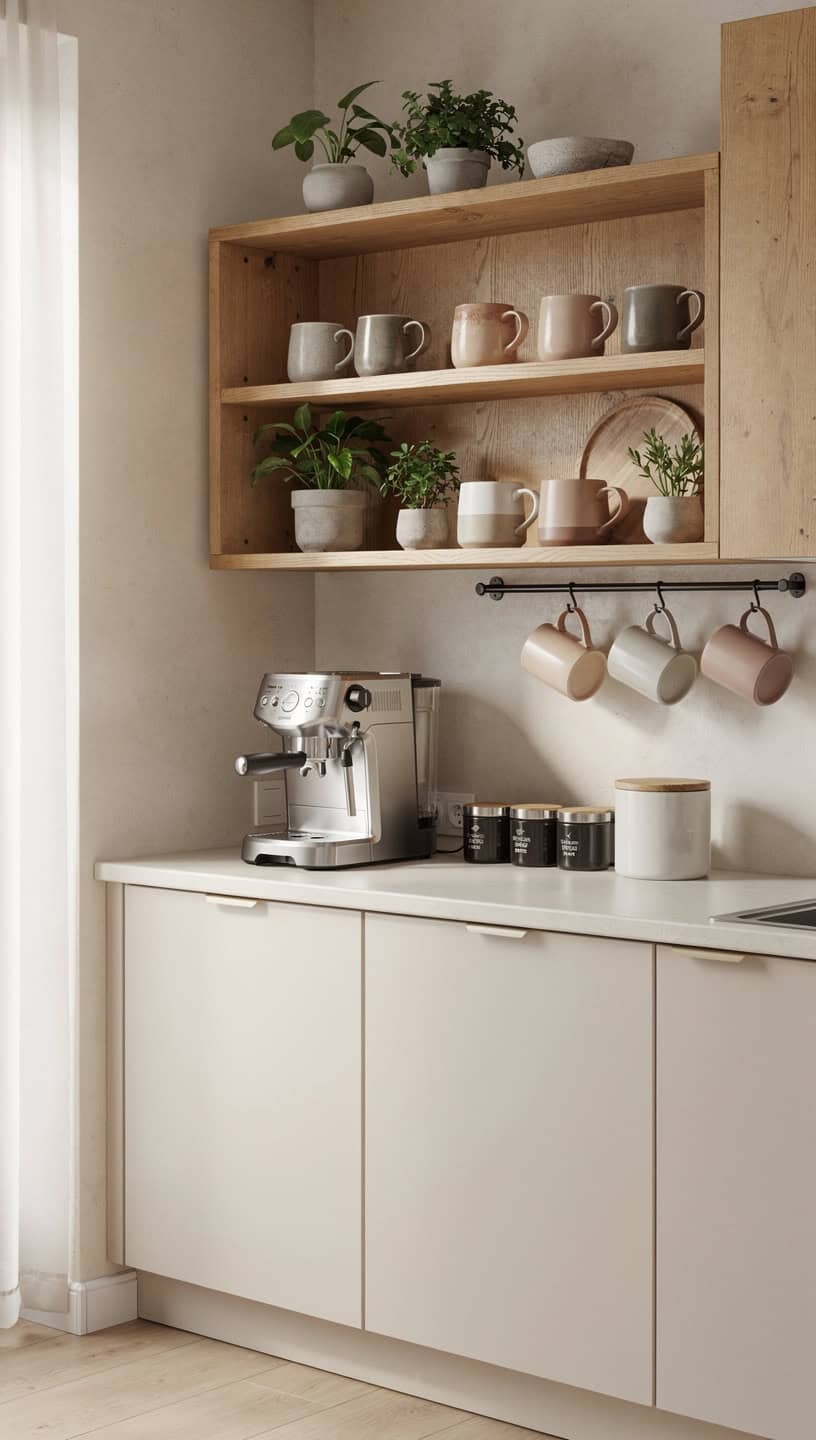 Coffee station featuring open wood shelves above closed storage cabinets with styled mugs and plants