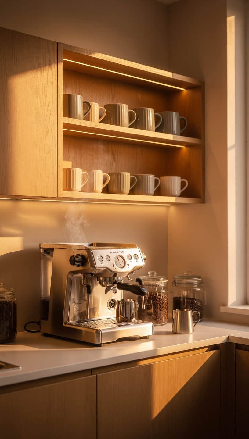 Coffee bar cabinets with warm LED lighting illuminating mugs espresso machine and morning atmosphere