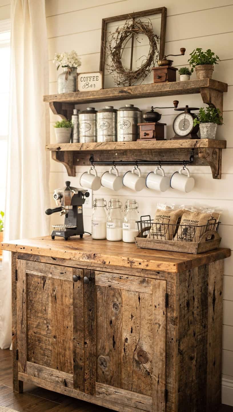 Rustic coffee bar cabinet made from reclaimed wood with vintage coffee accessories and farmhouse style