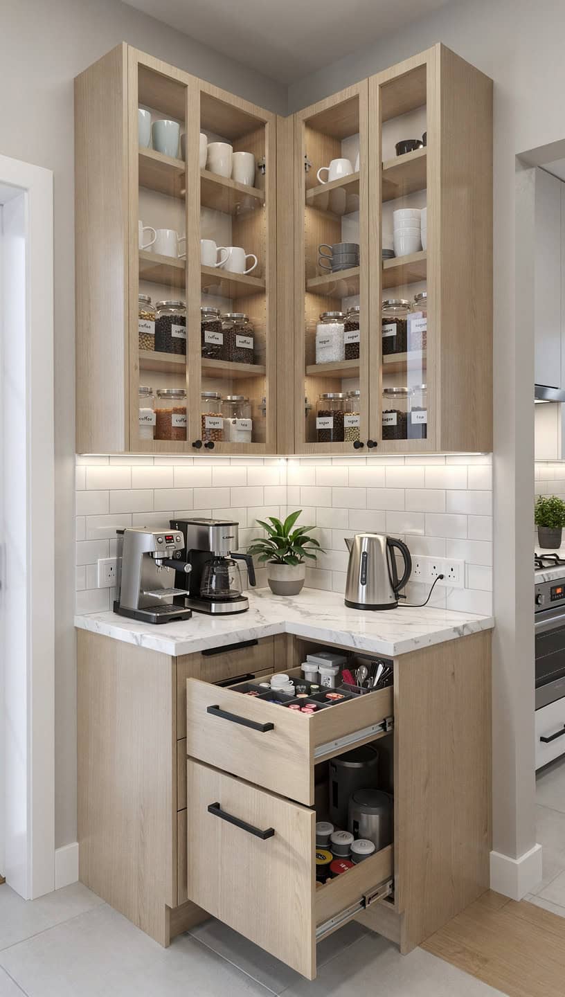 Corner coffee bar cabinet maximizing unused kitchen space with compact organized coffee station