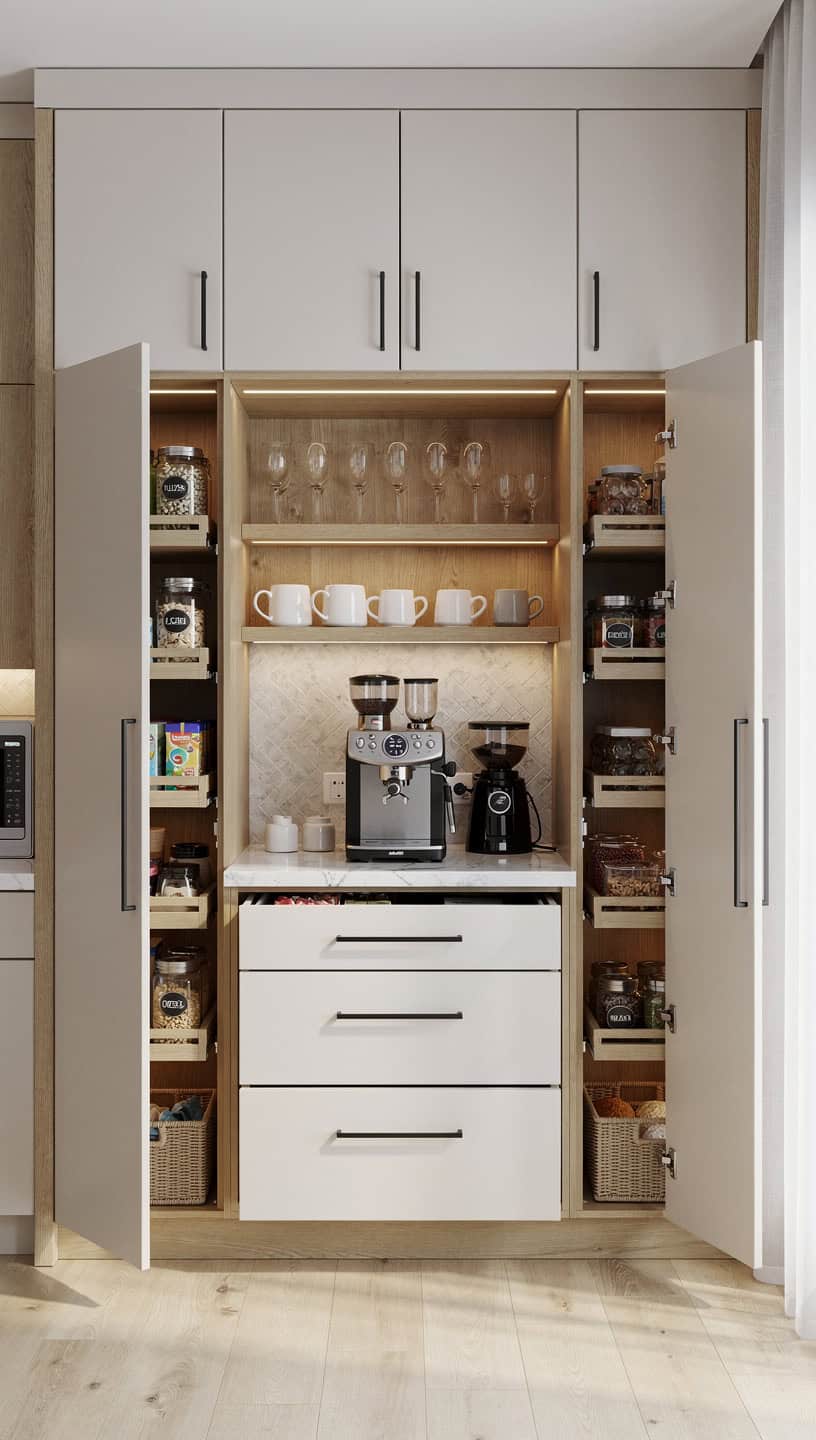 Floor to ceiling coffee bar cabinetry with extensive storage integrated beverage station and pantry