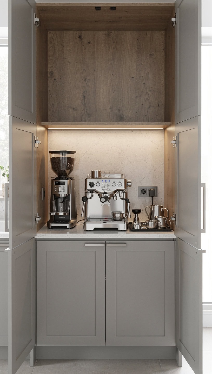 Coffee cabinet appliance garage concealing espresso machine coffee grinder and equipment behind doors