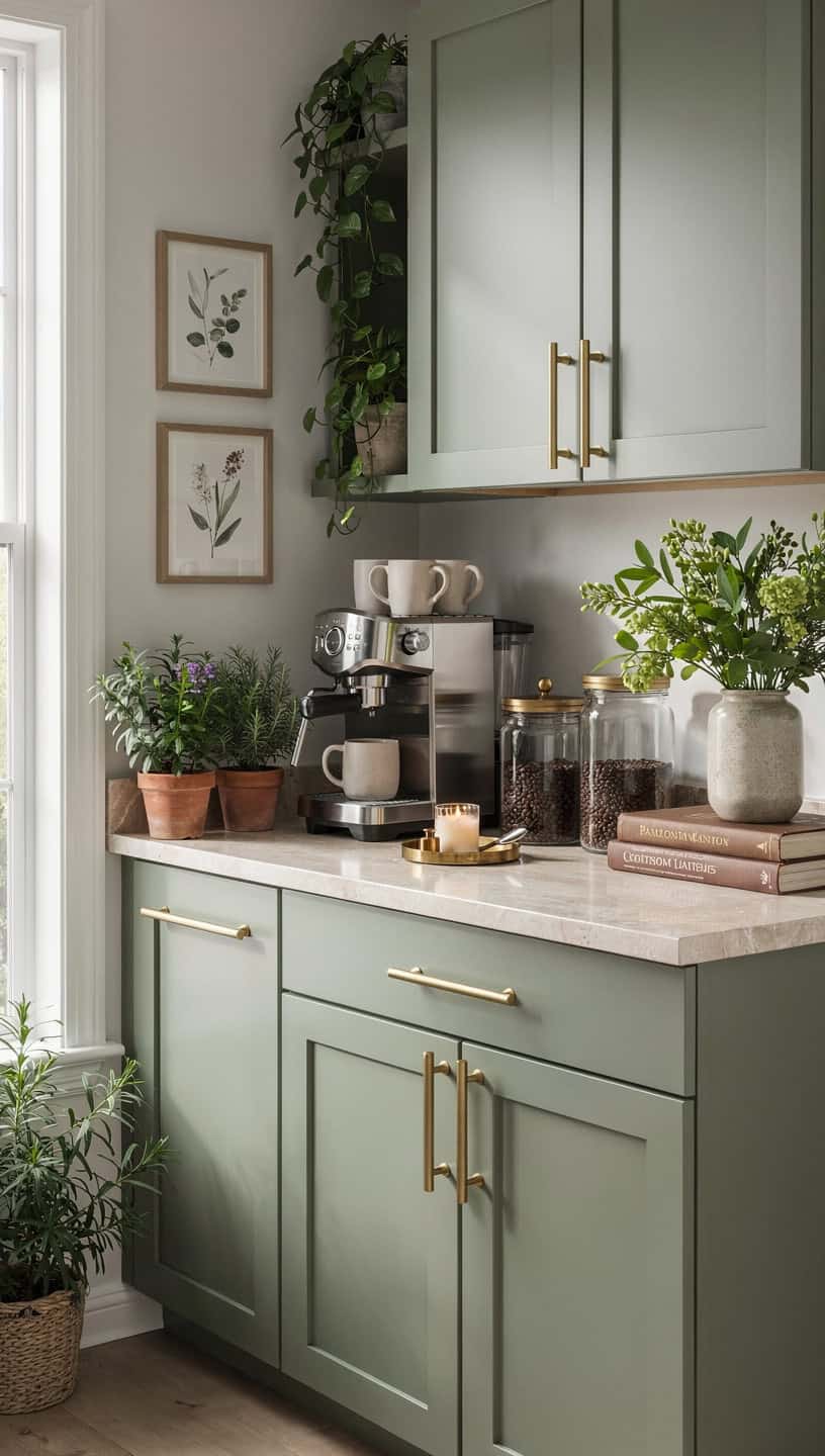 Sage green coffee bar cabinets with brass hardware decorative accessories and fresh botanical feel