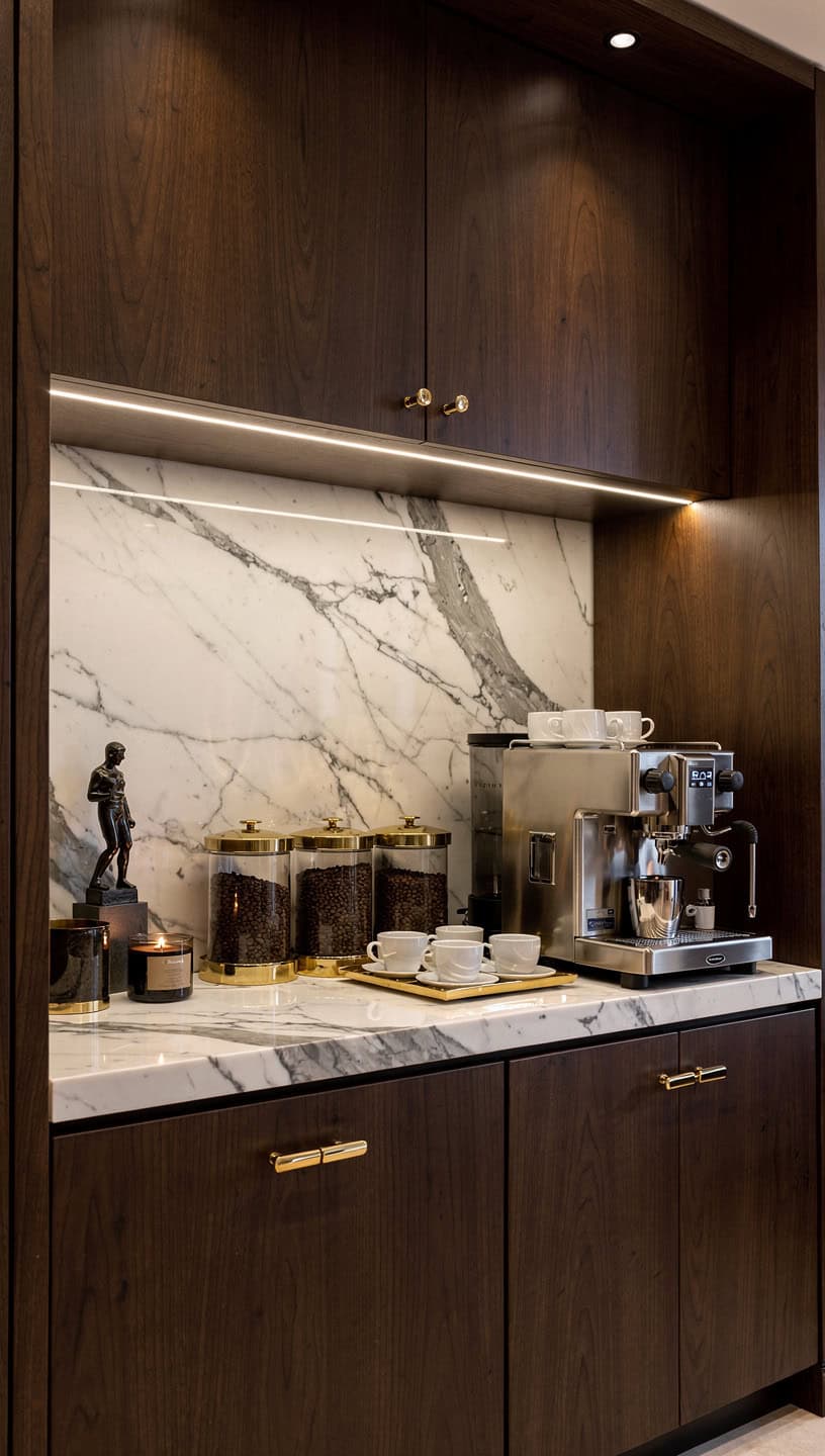 Luxury coffee bar with marble backsplash custom cabinetry elegant accessories and hotel inspired design
