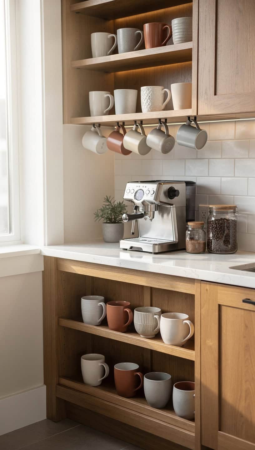 Coffee bar cabinet with built in mug storage racks displaying ceramic coffee cups as decorative element
