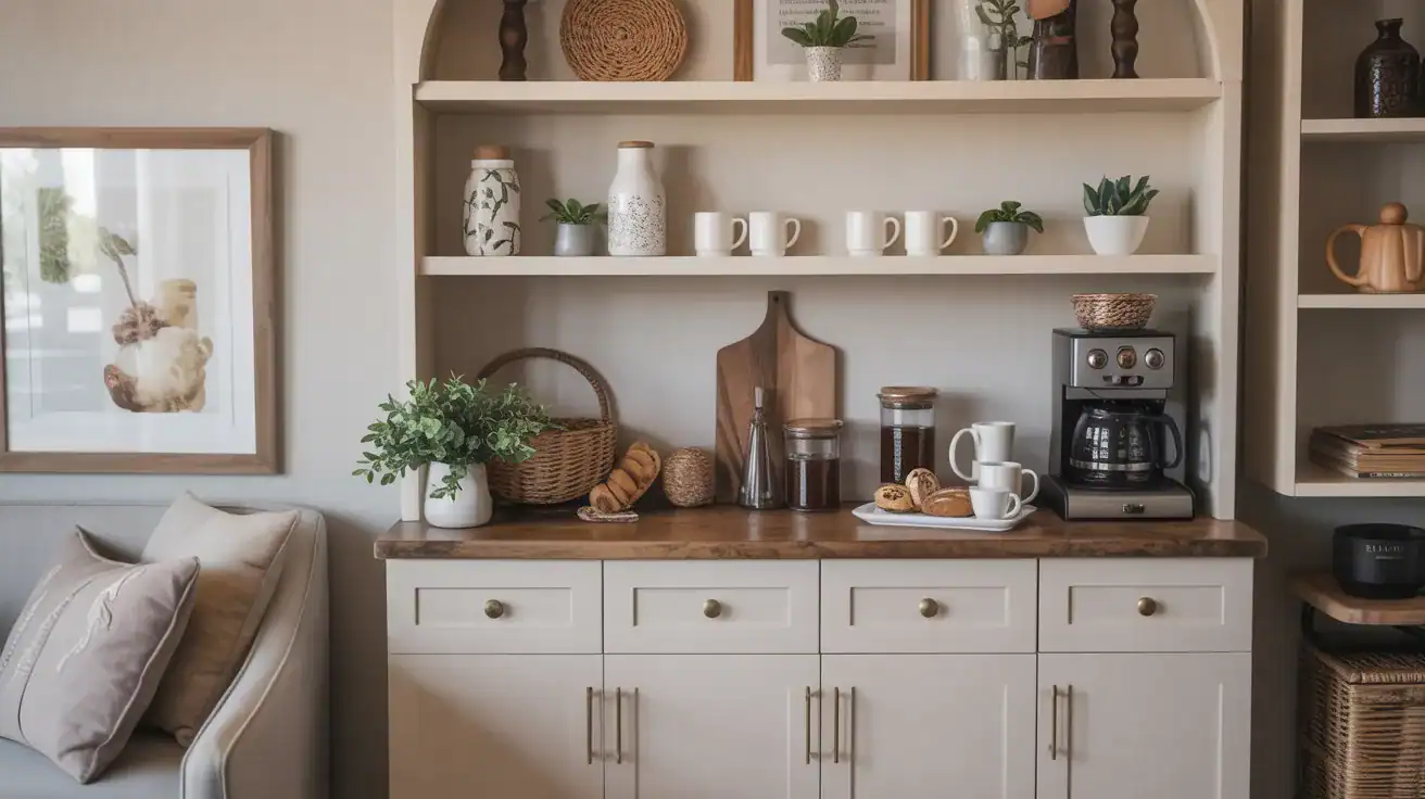 Beautifully styled coffee bar cabinet with organized accessories neutral color palette and inviting morning atmosphere