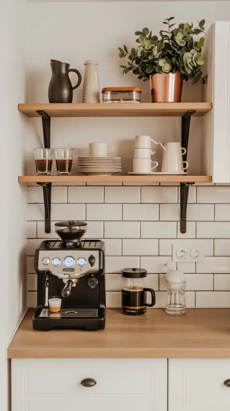 Floating shelf wall mounted coffee station above an espresso machine in a small kitchen Floating shelf wall mounted coffee station above an espresso machine in a small kitchen